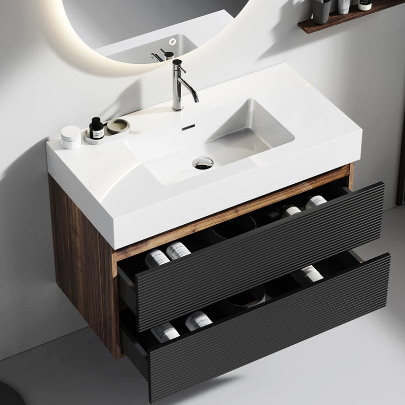 36" Grace Walnut Bathroom Buffet - Wall Mounted With Glossy White Sink And Soft Black Drawer Buffets Vanity Unit Basin Bottom Drawers