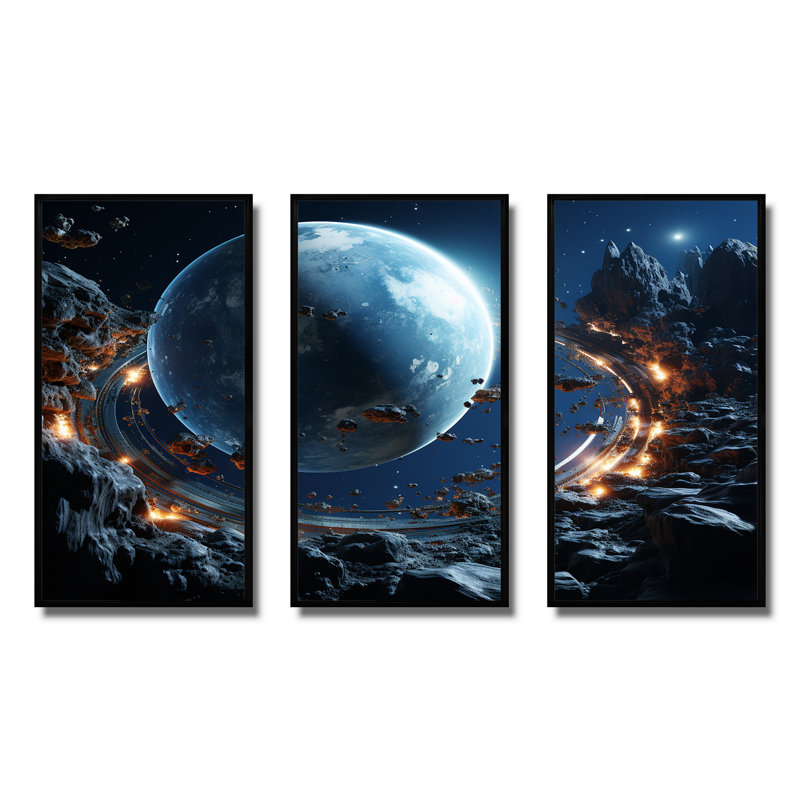 Blue Planets Distortion - Space Planet Wall Art, Black Floater Framed, 40" H x 61" W