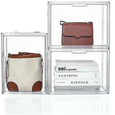 Purse Organizer For Closet, Clear Acrylic Display Case, Large Handbag Storage Organizer With Magnetic Door, 3 Pack Plastic Acrylic Boxes For Wallet, Cosmetic, Collectibles (X Large)