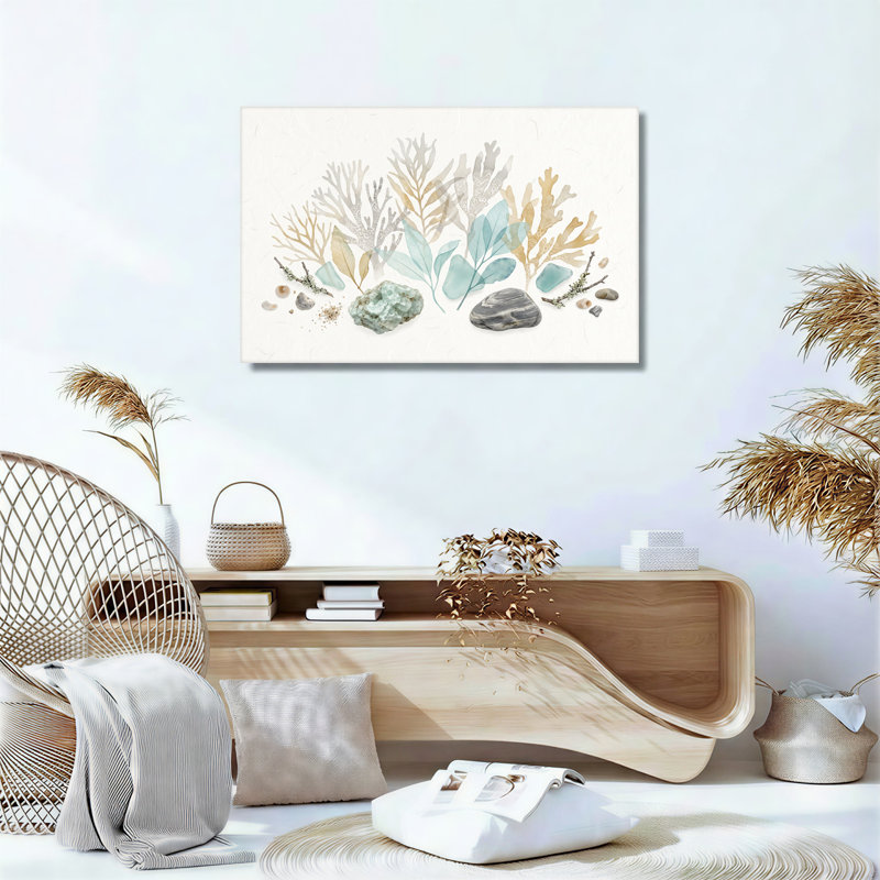 Art mural sur toile beige corail et feuilles bleu sarcelle avec pierres grises, 16"H x 24"W