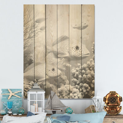 Monochrome Grey And White Fish World I - Coastal Coral Under Water Wood Wall Art On Natural Pine Wood
