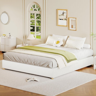 Cloud Bed Frame. Teddy/Thick Fabric Upholstered Platform Bed with   Wood Legs. No Box Spring Needed