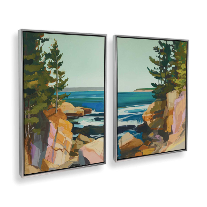 Ensemble 2 pièces Seacliff Whispers On Canvas par Azure Artisanal Studio, Cadre flottant en chrome poli