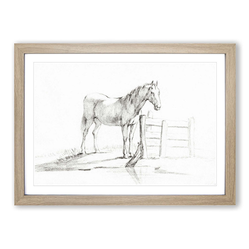 Horse by the Gate by Jean Bernard - Picture Frame Drawing Print, 48cm H x 65cm W x 2cm D, Oak Framed