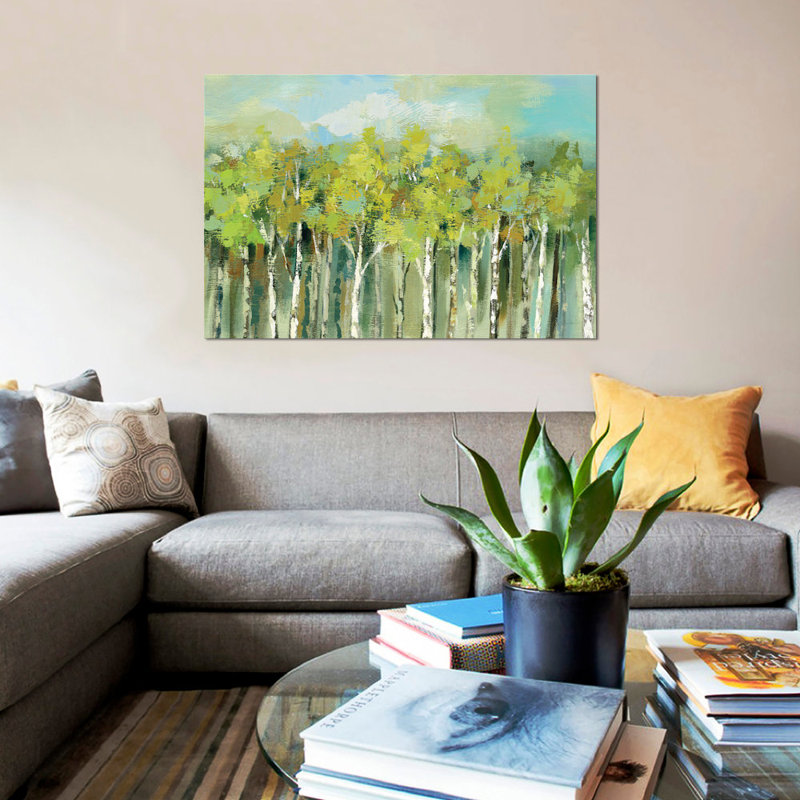 « avril tree tops », reproduction de peinture à l’acrylique sur toile tendue, H 40 po x l 60 po x P 1,5 po, Toile tendue