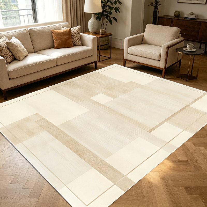 1PC Neutral Geometric Bordered Beige Wood Grain area rugs for Living Room, Soft and Comfortable, Suitable for all seasons, easy-to-maintain, machine washable Indoor floor mat, Under Table Farmhouse suitable for dining table, bedroom, home office,