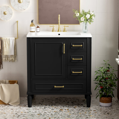 Traditional Bathroom Vanity Set With Three Drawers, Soft Close Doors, Long Metal Handles, Ideal For Small Bathrooms And Effortless Organization