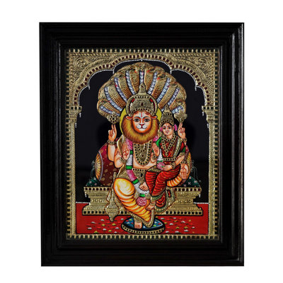 Déités Narasimha Lakshmi avec protection Sheshnag | Peinture de Tanjore avec de l'or 24 carats | Avec cadre
