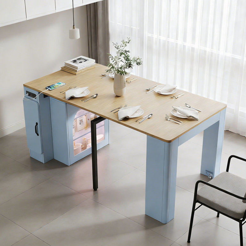 Table de salle à manger extensible avec feuilles amovibles, prise de courant et rangement, Naturel, Gris te bleu