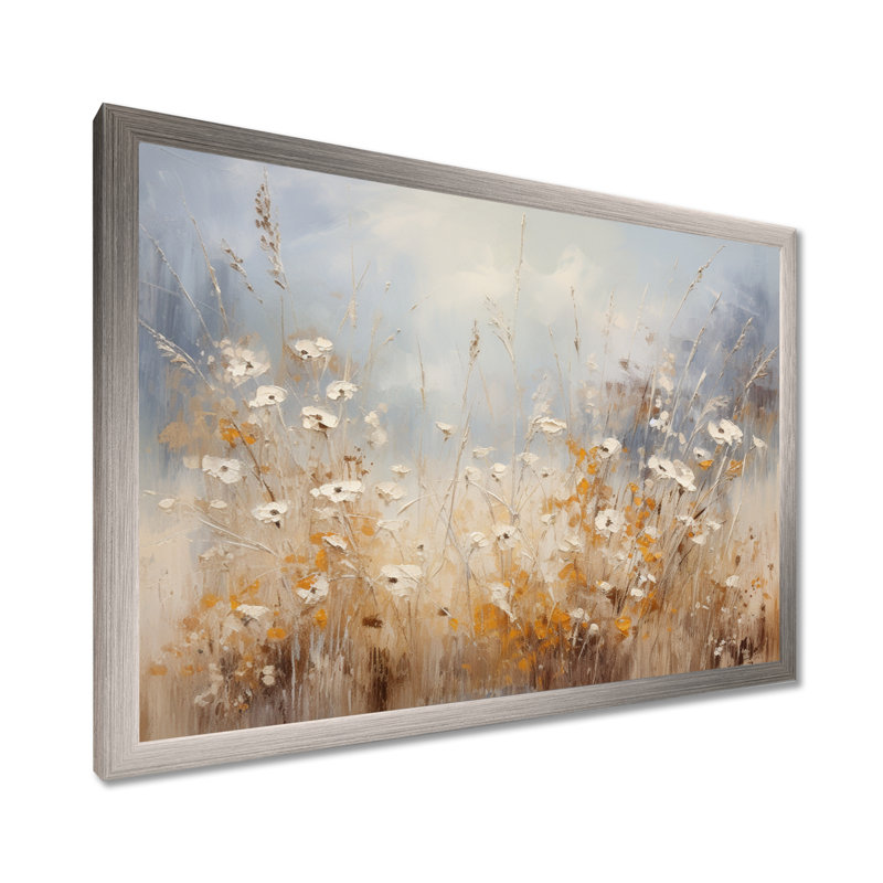 Beige et gris Meadows brise - art mural grand prairie, Cadre de coin fermé argenté, H 34 po x l 44 po x P 1,5 po