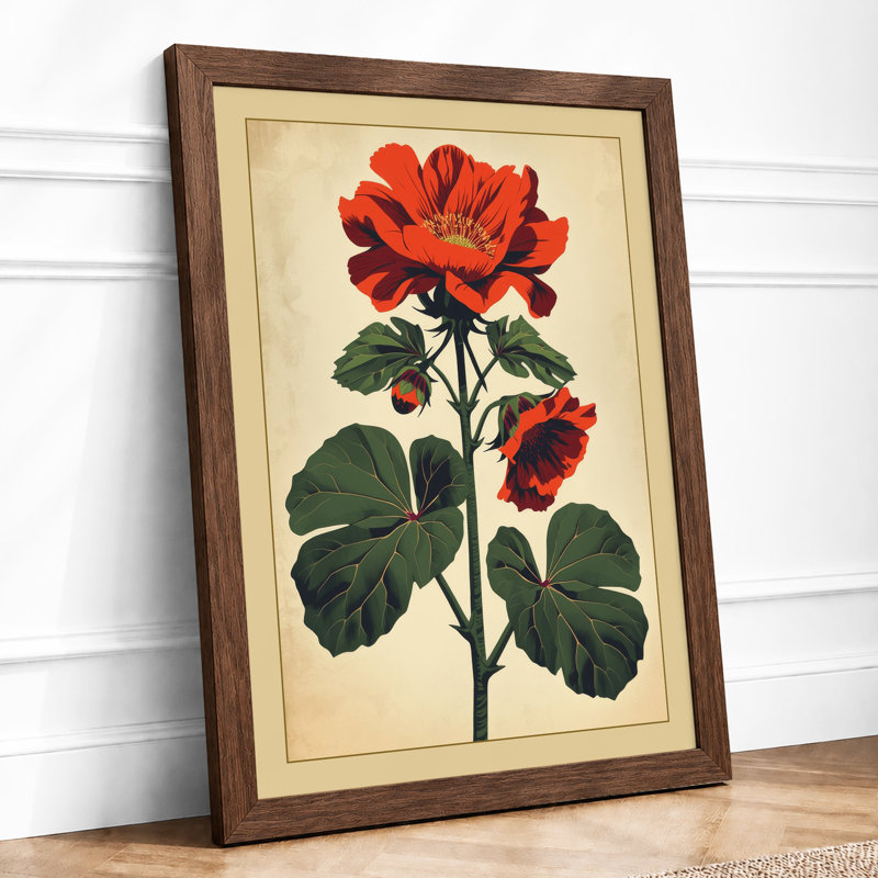 Crimson Bloom Study Botanical - Framed Print, Walnut, A4 - 29.7 x 21.0 cm