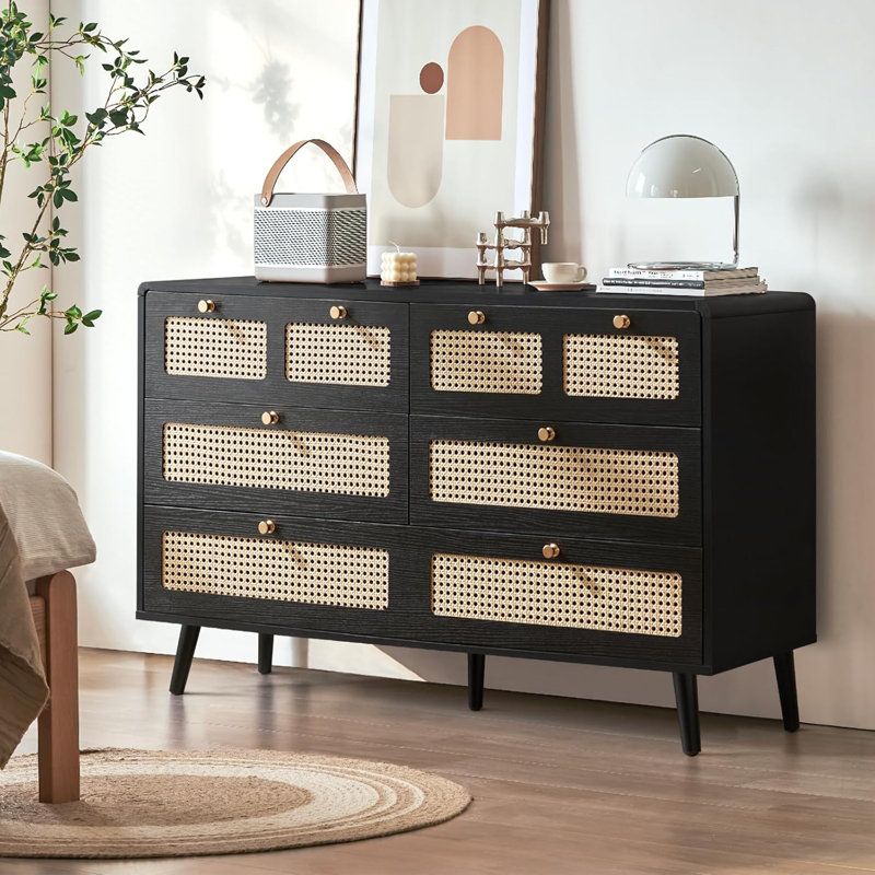 47'' W 6 - Drawer Dresser Vintage Boho Wood Dresser TV Stand, Black