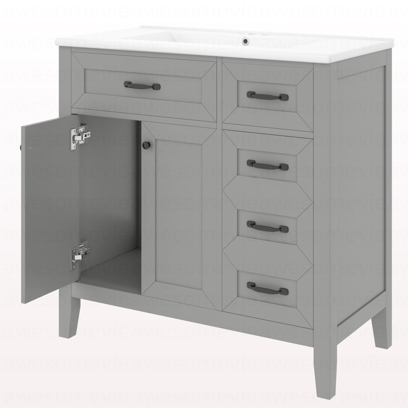 Meuble-lavabo 36 po avec lavabo, armoire de salle de bain grise avec tiroirs, structure solide et panneau de fibres à densité moyenne