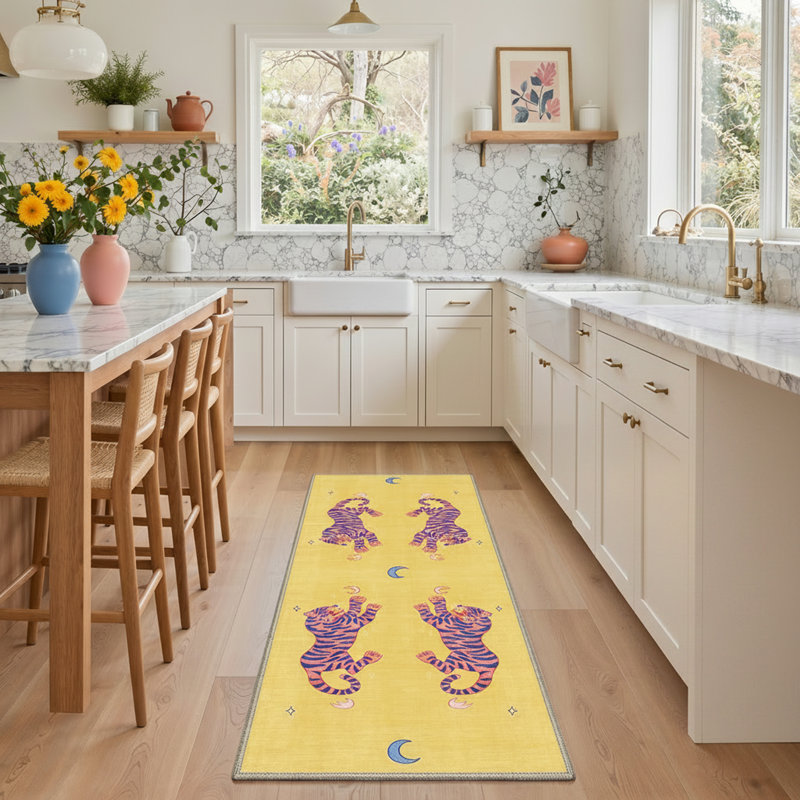 Tigris Animal Yellow Runner for Kids, Washable Hallway Runner with Non-Slip Backing, Runner 2'6" x 8'