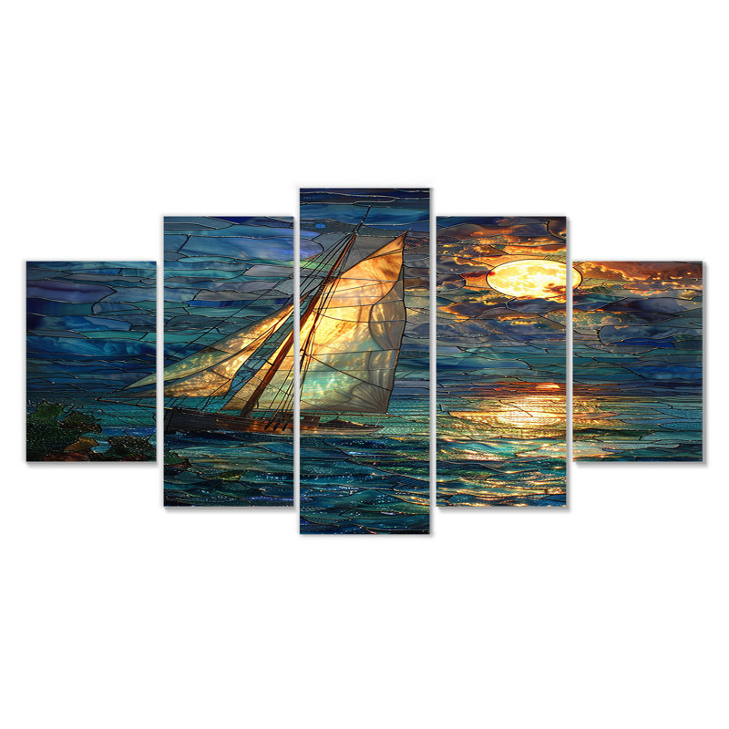 Voilier sur des vagues turquoise sous la pleine lune blanche - toile d'art plage et océan 5 pièces