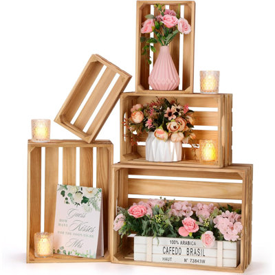 5 Pcs Decorative Nesting Wooden Crates For Storage Display 5 Size Large Small Rustic Wood Decorative Storage Crates With Handle Farmhouse Crate Box Container Made From Pine(Classic Color)