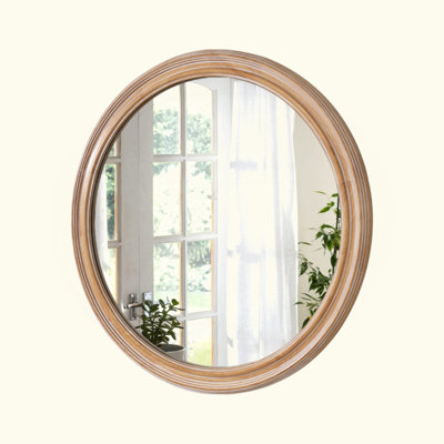 Round Wood Framed Wall Mirror with Ribbed Detail, Circle Mirror for Bathroom, Bedroom, Entryway, Coastal & Farmhouse Style Decorative Mirror