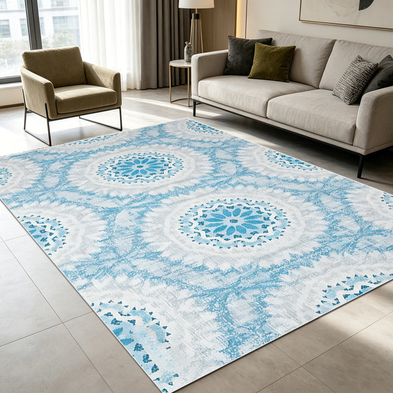 1PC Vintage Bohemian Blue & White Medallion Floral area rugs for Living Room, Soft, All seasons, Easy-maintain, Washable Indoor mat, Farmhouse suitable for dining room, bedroom, entryway, kitchen, patio, home hallway, Home Decor, Outdoor Decor.