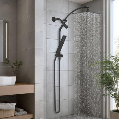 cUPC Certified High pressure metal 10-inch rainfall shower head/ handheld shower combo, 4-setting handheld sprayer, 12-inch adjustable curved extension arm, 71-inch stainless steel shower hose,height-adjustabled handheld shower holder,  Matte Black