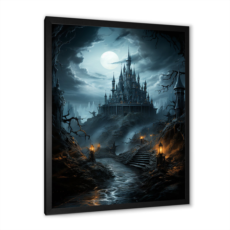 «Haunted Castle At Nightfall II - Châteaux», art mural, Cadre simple noir, H 20 po x l 12 po x P 1 po