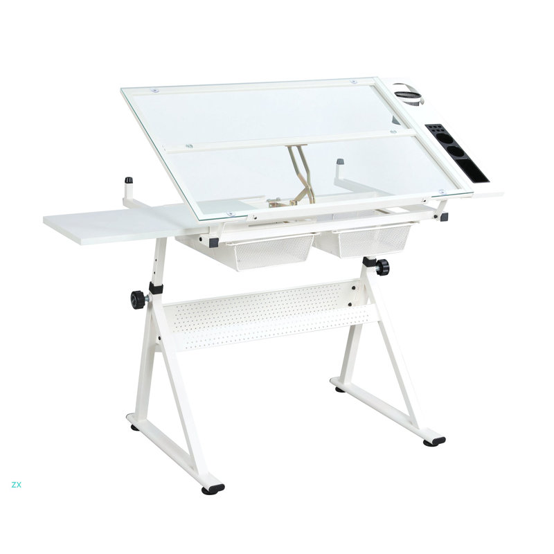 Table à dessin réglable en verre trempé avec chaise, Blanc