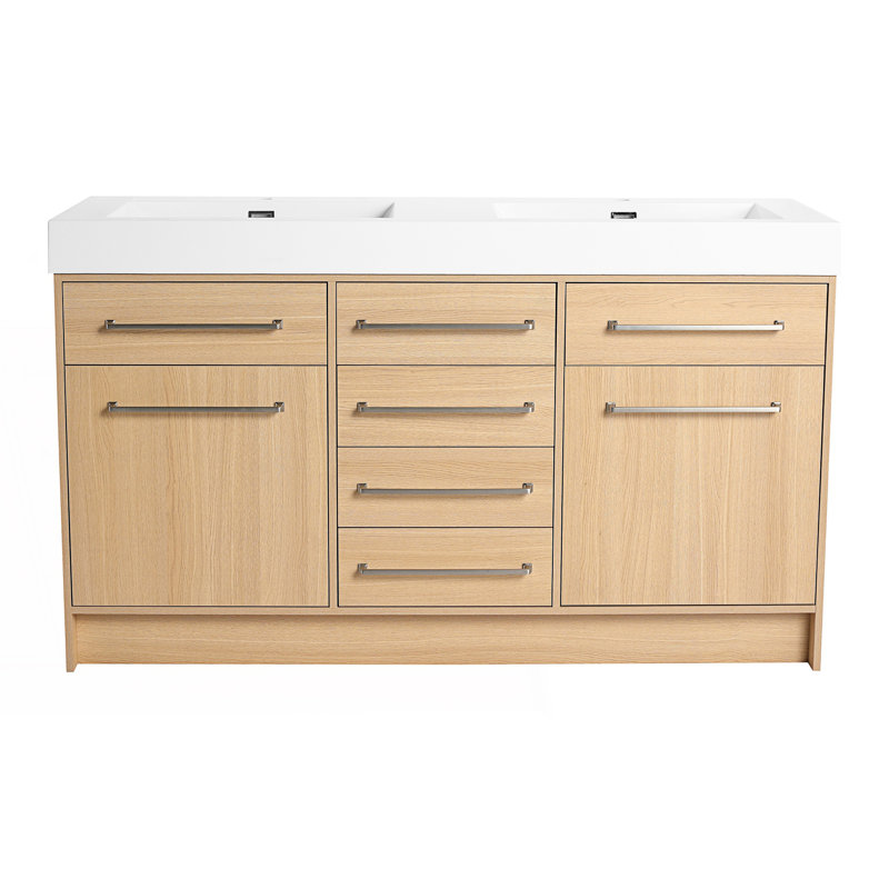 Meuble-lavabo autoportant avec double lavabo en résine, 2 portes à fermeture douce et 6 tiroirs à fermeture douce, 59"