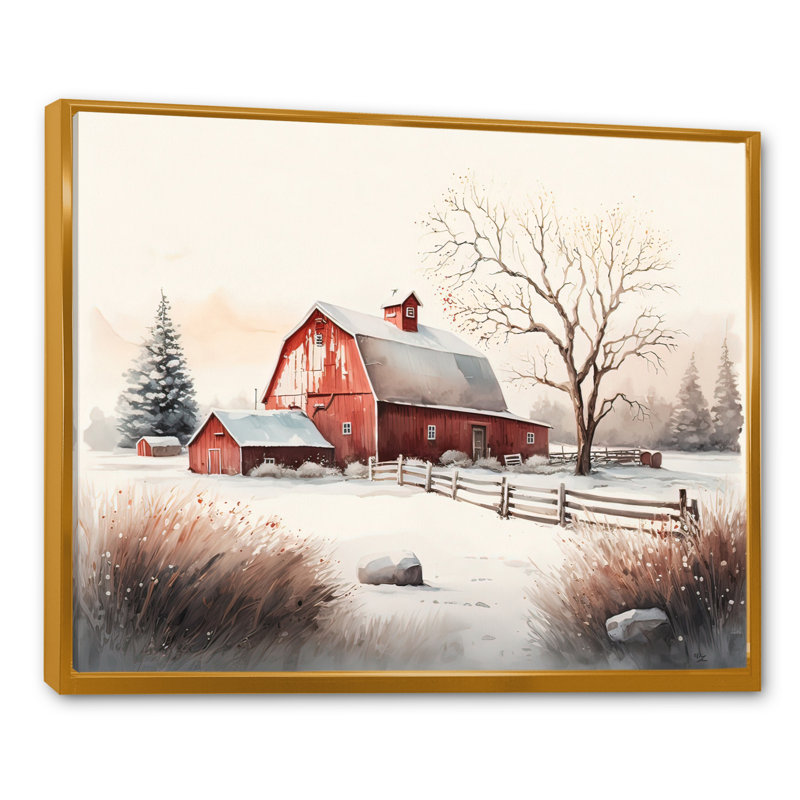 Calm Red Barn In Winter V - ferme / campagne, art mural sur toile, H 12 po x l 20 po x P 1 po, Cadre flottant doré