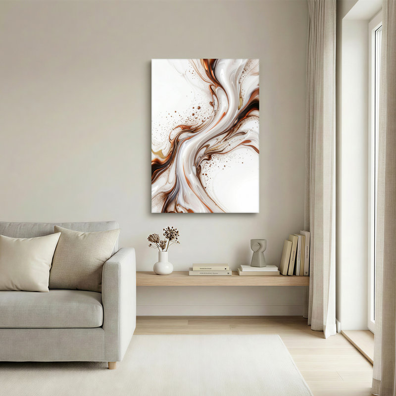 Art abstrait sur toile abstraite tourbillonnante, bronze, blanc, moucheté, fluide, 36"H x 24"W