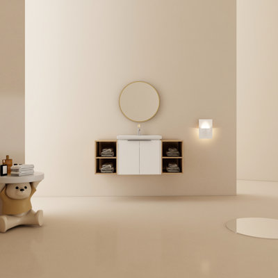 Meuble-lavabo moderne de 48 po, fixation murale, porte à fermeture douce, 2 petites tablettes de rangement, montage contemporain avec lavabo, belle