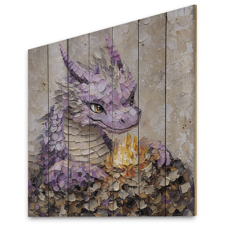 Cute Dragon Den I - Dragons Purple Wood Print On Natural Pine Wood, 36" H x 36" W