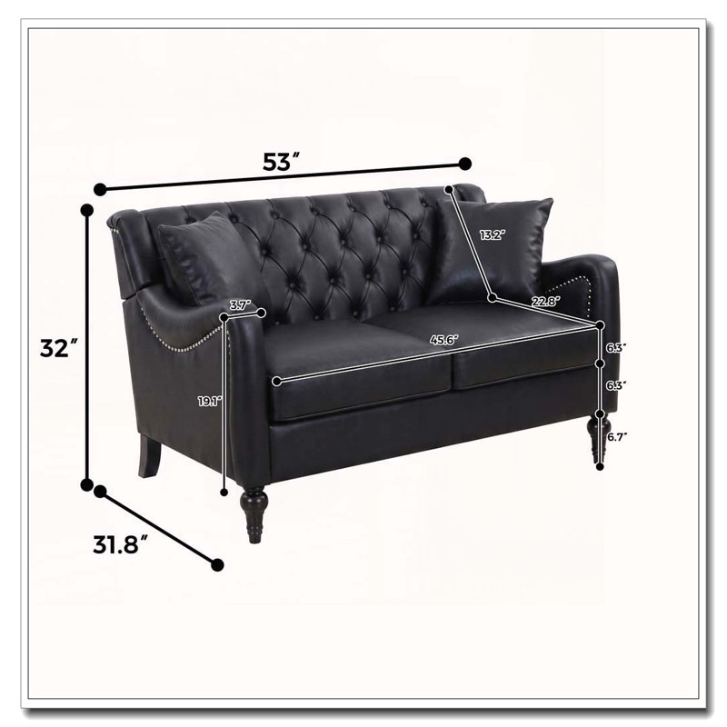 Sofa deux places en similicuir avec dossier capitonné et garniture cloutée, 2 places, Similicuir noir