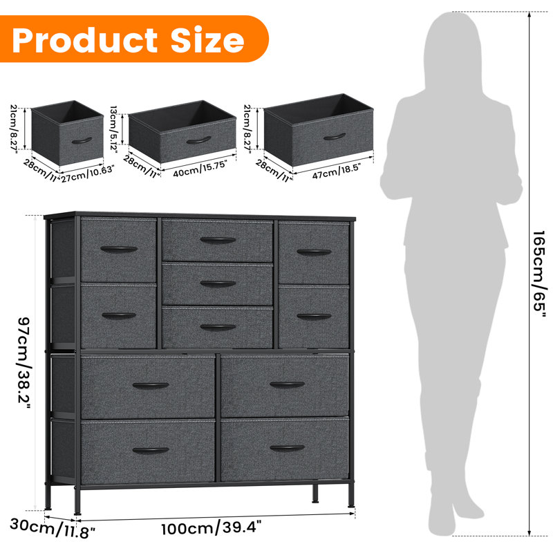 100cm W 11 - Drawer Chest of Drawers, Deep Grey