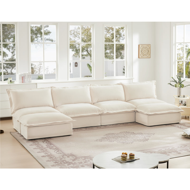 Canapé modulaire en U à 4 places Kaylor, Chenille crème, H 34,6 po x l 156 po x P 55 po