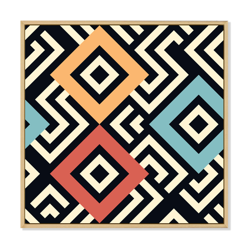 Carrés méandres géométriques, bleu rouge, orange I - Impression sur toile, Cadre flottant en érable, H 16 po x l 16 po