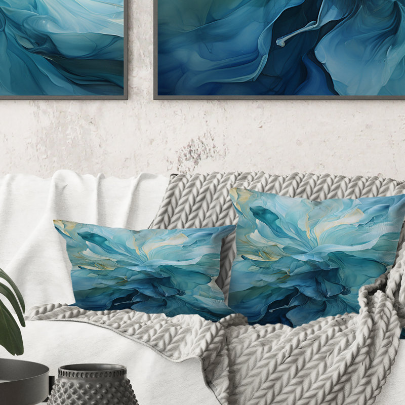 Aqua Blue And White Serenity Swirl IV - Abstract Spirals Printed Throw Pillow, 16" x 16"