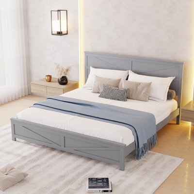 King Size Farmhouse Pinewood Bed with Barn Door Headboard & Footboard, Sturdy Platform Frame & Under-Bed Storage,Grey