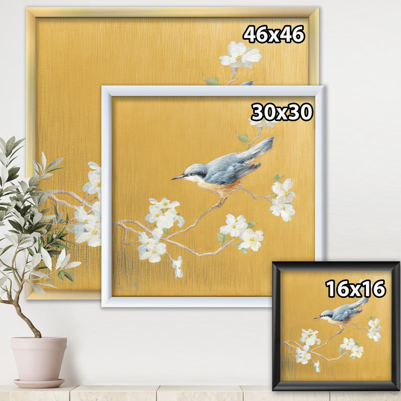 « gold oiseau on florals ii », reproduction d’image sur toile, Cadre argenté, H 30 po x l 30 po x P 1 po