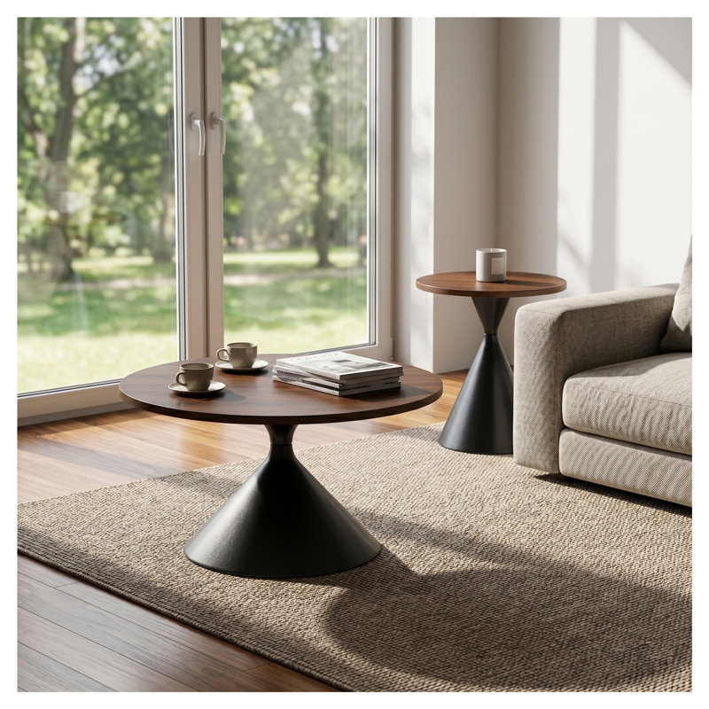 Black and Walnut Nesting Round Coffee Table Set with Hourglass Base
