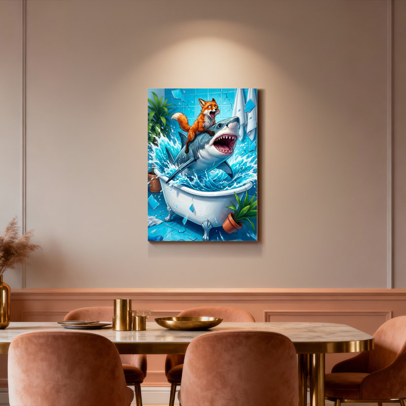 Fox Riding Shark In Bathtub Canvas Wrapped Wall Art Oil Painting Print Set Of 1, 24" H x 16" W