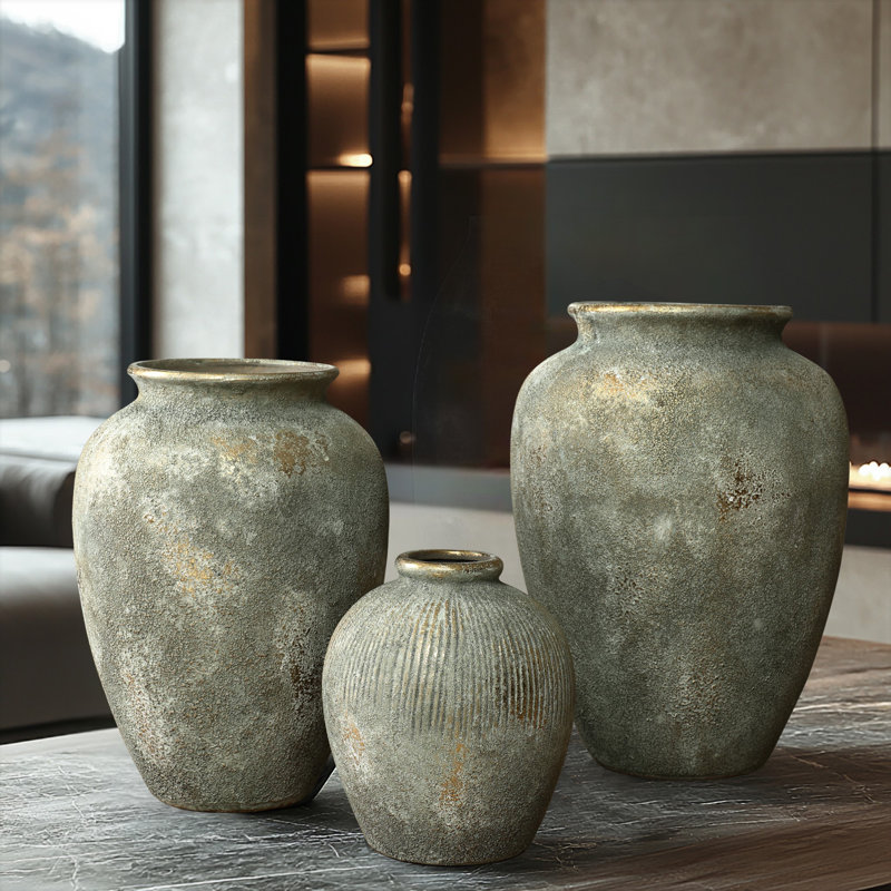 Rustic Gold and Brown Terracotta  Tall Urn Vase, 13.6" H x 9.8" W x 9.8" D