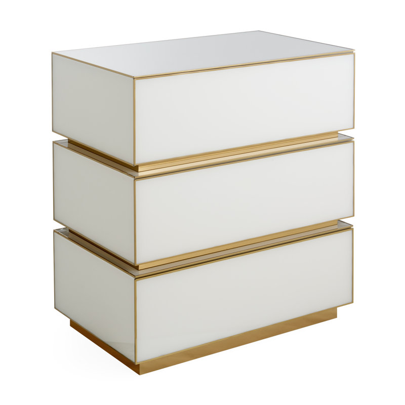 Torino Glam White Glass 3-Drawer Chest with Brass Accents