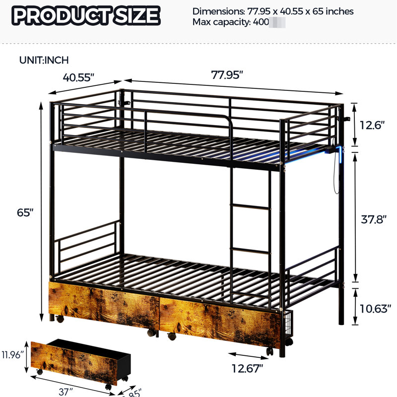 Lit superposé en métal pour la chambre à coucher, taille simple, chargement, caractéristiques, rangement, sans sommier, usure, divisé en 2 lits, lit moderne à utiliser dans la chambre à coucher, garde-corps, configuration séparable avec atmosphère