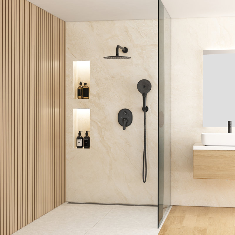 10 inch Round Shower System with 3 Setting Handheld, Rainfall Shower Head, All-In-One Kit with Rough-in Valve