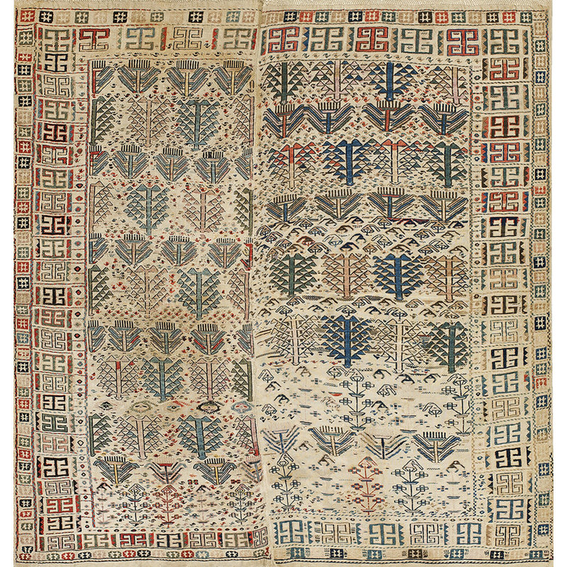 Ivory Color Antique Square Shape Tribal Geometric Caucasian Verneh Kilim Flatwoven Rug