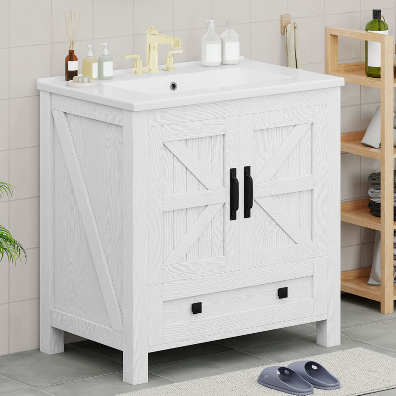  30'' Single Bathroom Vanity With Ceramic Basin, Ash White