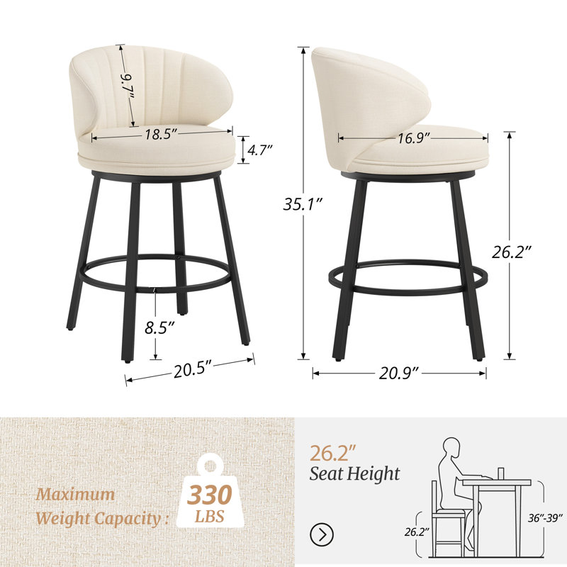 Upholstered Swivel Counter & Bar Stools With Back, Light Cream/Linen