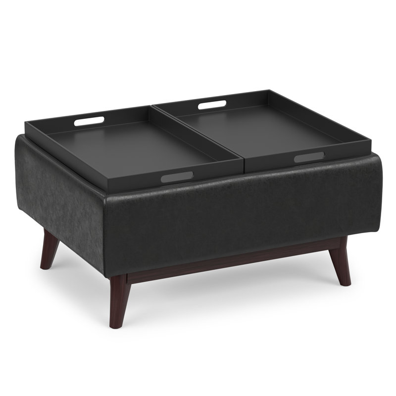 Repose-pieds capitonné rectangulaire Mid-Century avec plateau Owen, Similicuir noir vieilli