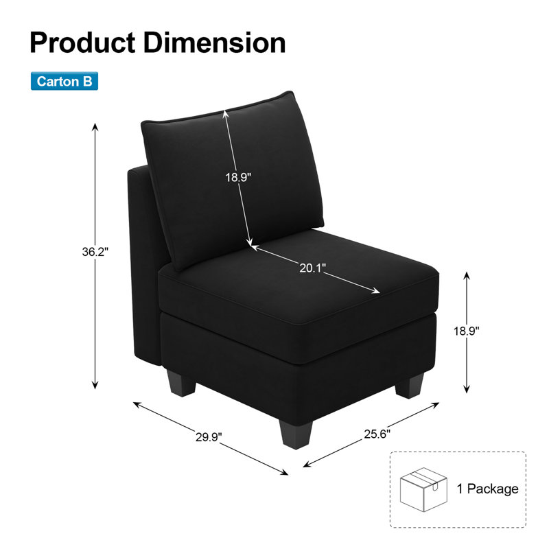 Allinson Velvet Armless Single Chair Storage Seat Module For Sectional Modular Sofa, Black Velvet