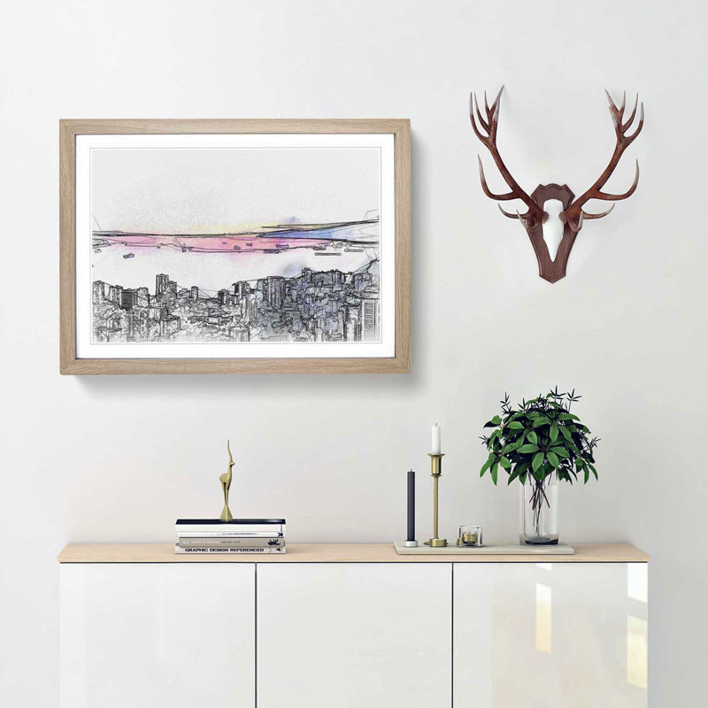 Vancouver Canada Skyline in Abstract - Picture Frame Graphic Art Print, 50cm H x 76cm W x 2cm D, Oak
