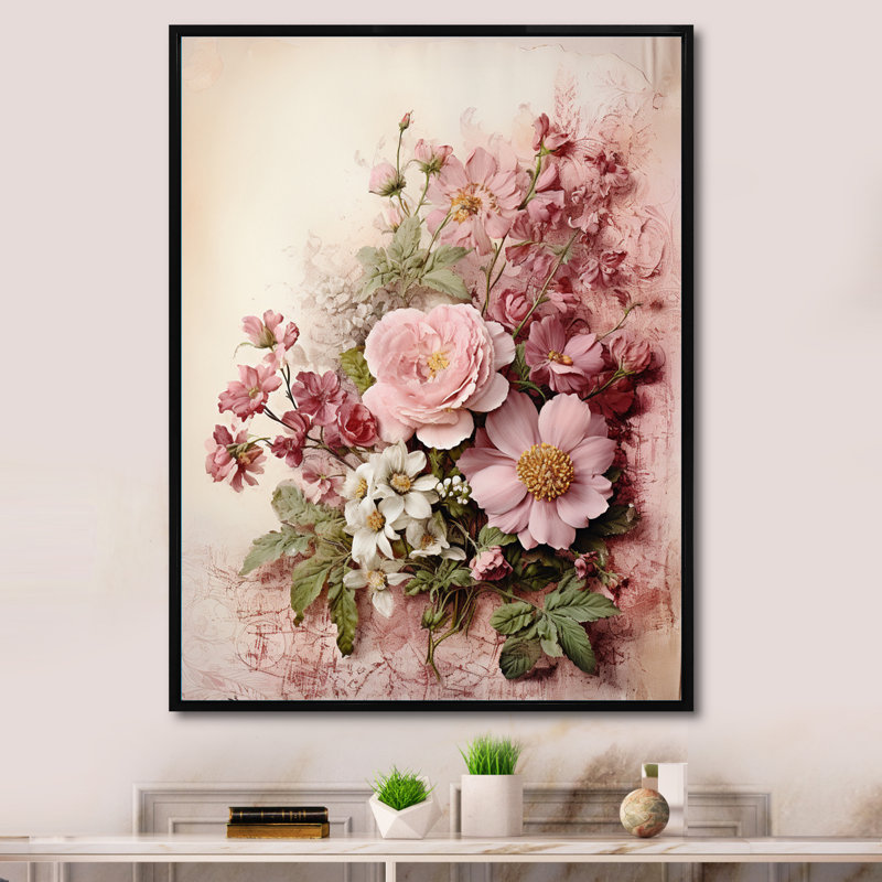 Bouquet de roses roses en fleurs, H 40 po x l 30 po x P 1,5 po, Cadre flottant noir